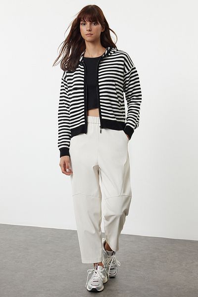 Trendyol Collection Striped Hooded Black Knitwear Cardigan - TWOAW24HI00365