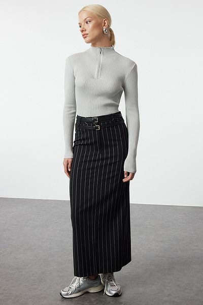 Trendyol Collection Stand Collar Zippered Gray Thin Knitwear Sweater - Couple, Cotton Blend Twoaw25Kz00070