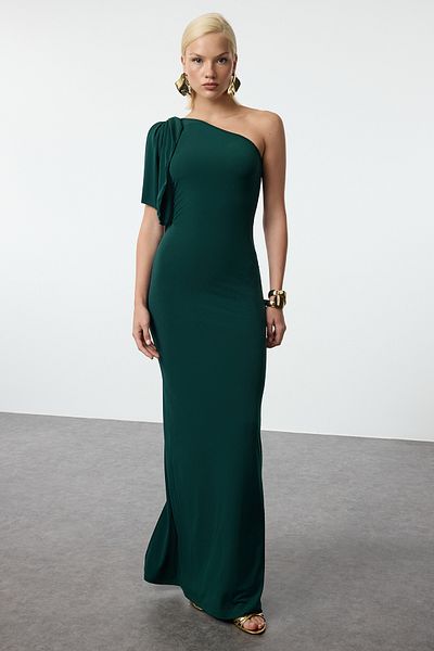 Trendyol Collection One Shoulder Emerald Green Knitted Evening Dress - Tprss24ae00256