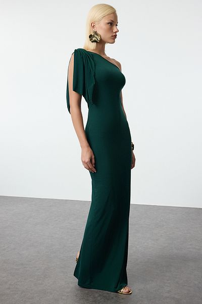 Trendyol Collection One Shoulder Emerald Green Knitted Evening Dress - Tprss24ae00256