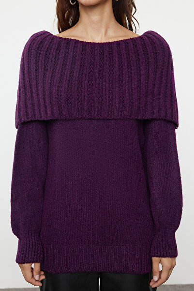 Trendyol Collection Pulover din tricotaje moale Wide Fit - guler din dantelă, prune TWOAW25KZ00052