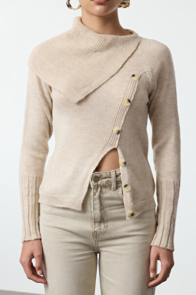 Trendyol Collection Soft Texture Asymmetrical Knitwear Sweater - Stone Turn-Down Collar anD Button DeTail TWOAW25KZ00092