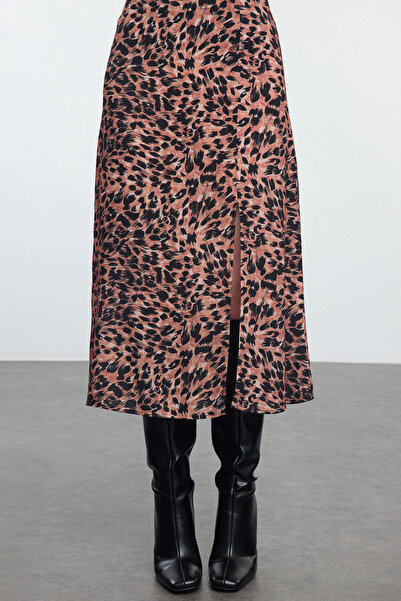Trendyol Collection Animal Patterned Brown Midi Skirt - Slit, Viscose Fabric TWOAW22ET0447
