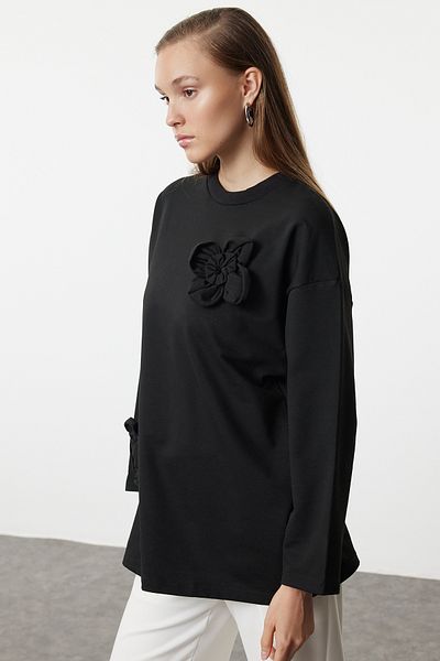 Trendyol Modest Pletená tunika - Detail černé růže, TCTAW25UK00007