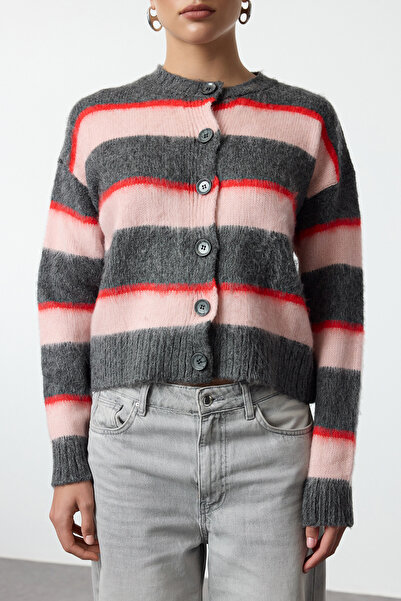Trendyol Collection Crew Neck Anthracite Knitwear Cardigan - Soft Texture and Color Block Twoaw25Hi00295