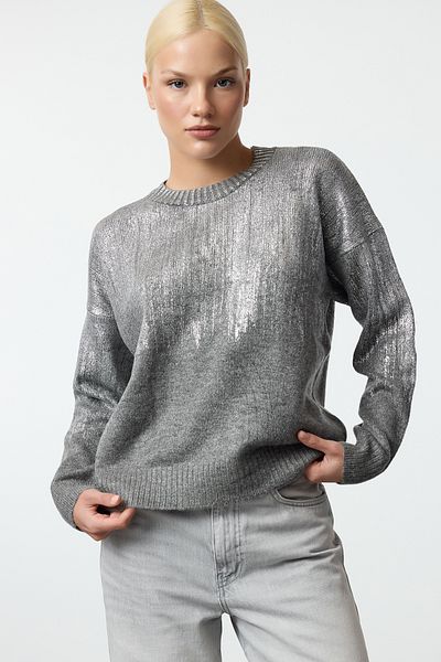 Trendyol Collection Crew nyakú antracit kötöttáru pulóver - puha textúra TWOAW25KZ00300