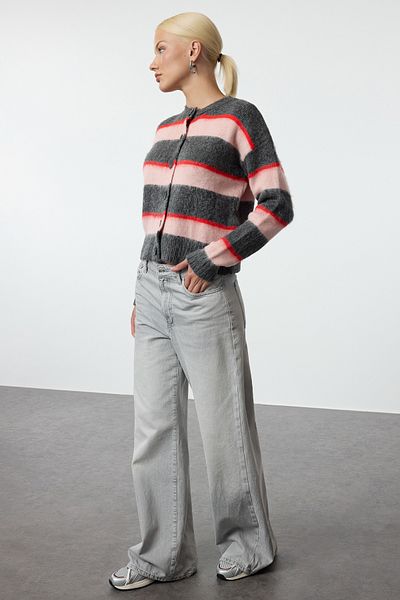 Trendyol Collection Crew Neck Anthracite Knitwear Cardigan - Soft Texture and Color Block Twoaw25Hi00295