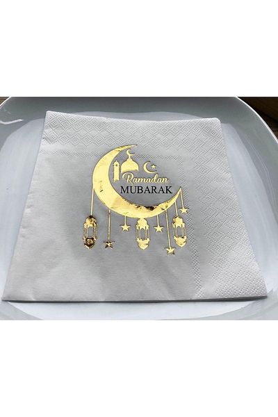 Parti dolabı 16 Pieces Ramadan Mubarak Gold Shiny Napkin Gold Leaf Ramadan Themed Iftar Table Religious Ornament 16x16cm