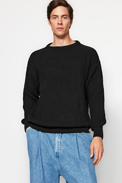 Trendyol Collection Black Oversize Double Crew Neck Knitwear Sweater - Tmnaw23Kz00189