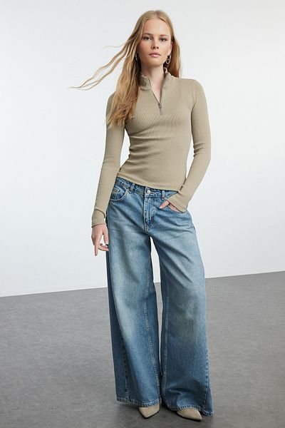 Trendyol Collection Ευέλικτη Πλεκτή Μπλούζα με Φερμουάρ - Χρώμα πέτρας, Εφαρμόσιμη, TWOAW25BZ00163