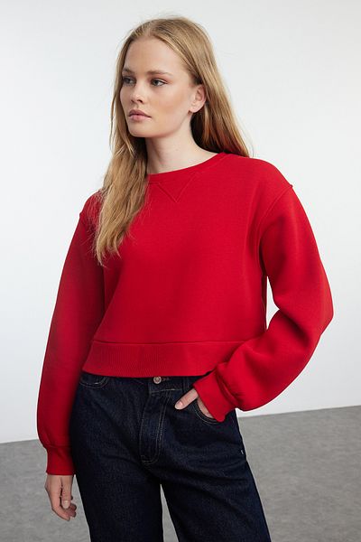 Trendyol Collection Red Fleece Wide Fit Crop SWeatshirt - TWOAW25sw00172