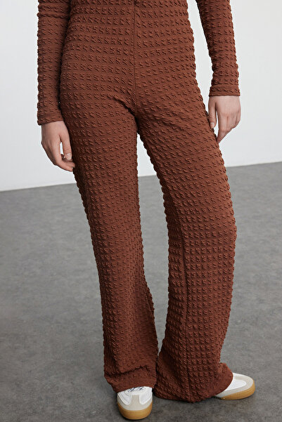 Trendyol Collection Brown Textured Fitted/Bodycon Long Sleeve Stretchy Knitted Bottom - Top Set Twoaw25Au00106