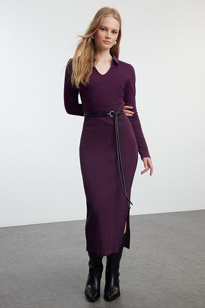 Trendyol Collection Rochie midi tricotată cu decolteu polo din prune - TWOAW25EL00319