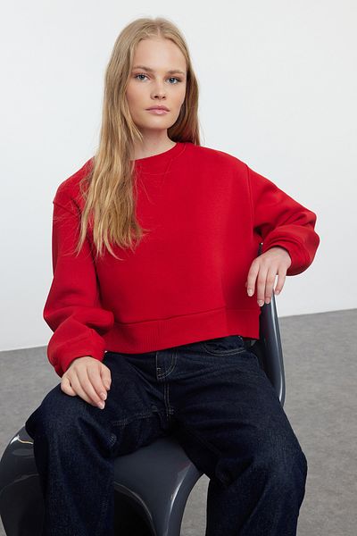 Trendyol Collection Red Fleece Wide Fit Crop SWeatshirt - TWOAW25sw00172