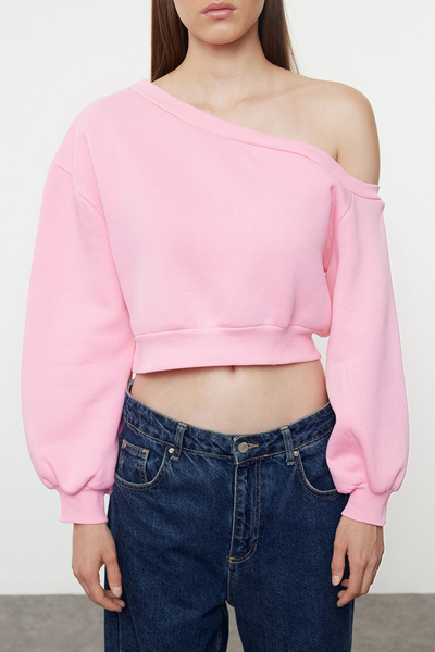 Trendyol Collection Růžová asymetrická fleecová mikina s límcem – silná vnitřní, střih Regular Fit TWOAW25SW00143