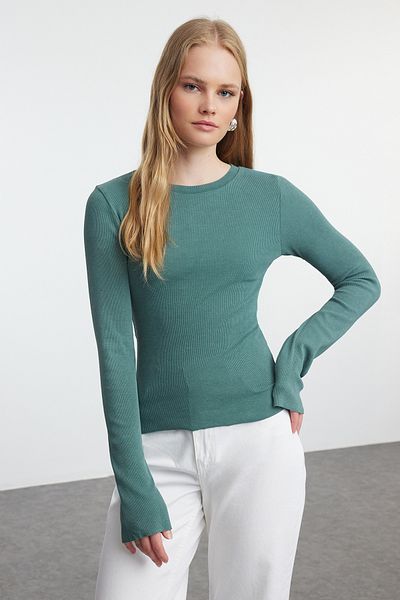 Trendyol Collection Πλεκτή μπλούζα με ελαστικό κορδόνι χακί - Ισπανικό μανίκι, χλωμό εφέ, εφαρμογή σώματος Twoaw25bz00159