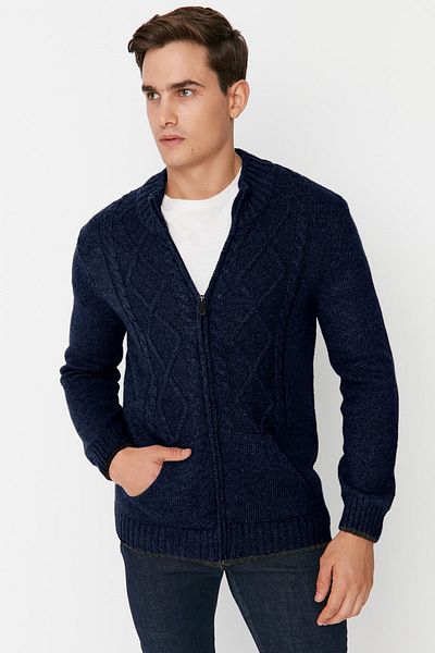 Trendyol Collection Marineblaue Strickjacke aus Wolle mit Rautenmuster – halber Rollkragen TMNAW21HI0349