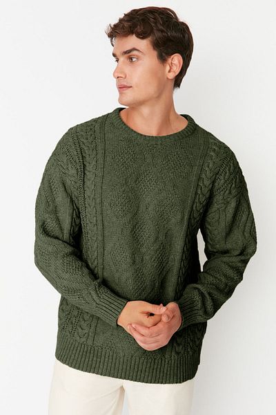 Trendyol Collection Übergroßer Khaki-Strickpullover – Rundhalsausschnitt, Haarstrickdetail TMNAW23KZ00280