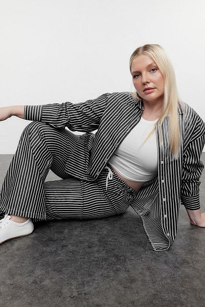 Trendyol Curve Black-And-White Flexible Waist Striped Woven Large Size Shirt-Pants Bottom-Top Suit