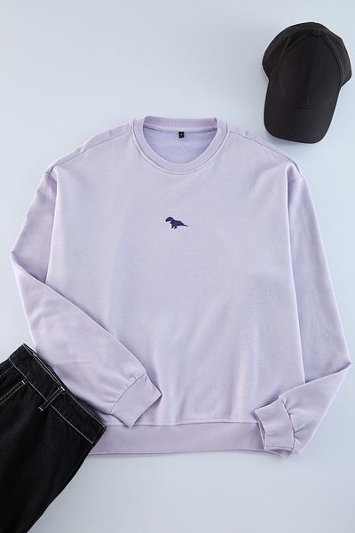 Trendyol Collection Φούτερ με φλις λιλά κέντημα δεινοσαύρων - Crew Neck, Oversize Cut TMNAW24SW00064