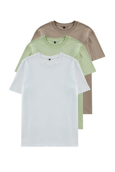 Trendyol Collection Mink-Light Green-White Slim/Slim Fit Crew nyakú 100% pamut 3 csomagos pólók TMNSS19BO0007