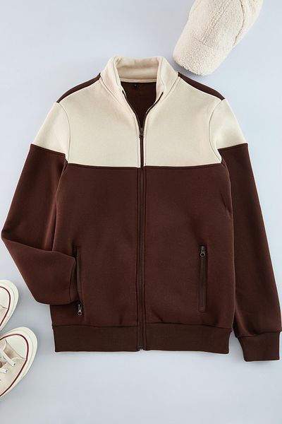 Trendyol Collection Hnědo-béžová mikina na zip s dlouhým rukávem Regular Fit - TMNAW22SW0720