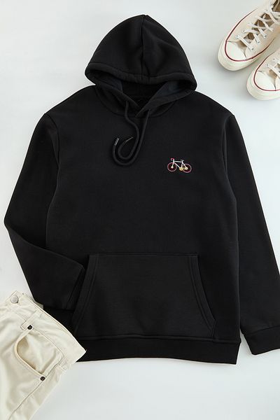 Trendyol Collection Schwarzes, minimal besticktes Baumwoll-Sweatshirt aus Fleece-Schnitt - TMNAW24sw00096