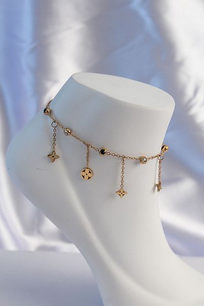 Skygo 316L Steel Gold Color Zircon Stone Dangle Clover Model Anklet - Tj-Hh1634