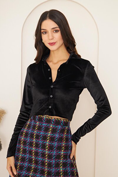 Darlin Moda Kadın Siyah Kadife Uzun Kollu Crop Gömlek Dm9003