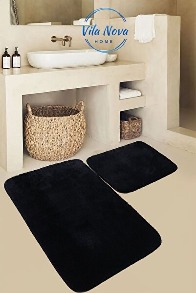 Vila Nova (80X50-50X40) Set de 2 bucăți de pluș negru moale, lavabil, covor d...