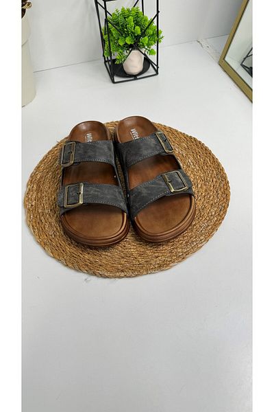 Nstil Casual γκρι ανδρικές παντόφλες με διπλή ρυθμιζόμενη πόρπη Άνετη σόλα οβάλ πέδιλα 54201