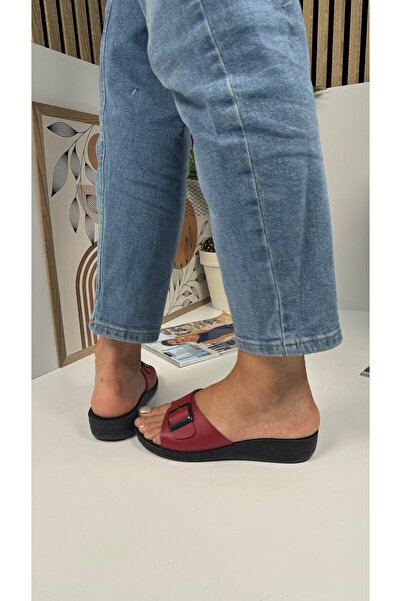 Nstil Daily Women's Red Slippers Buckle Heeled Comfortable Soft Sole Oval Toe Shoes 323