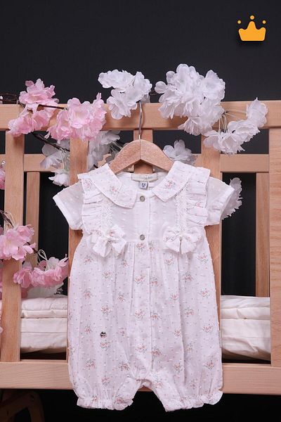 Babydola Holiday Baby Girl Jumpsuit - Floral Pattern, Bow and Lace Detail 15035