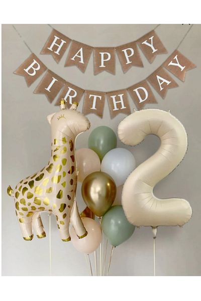 Çemrek Süs Parti Cream Beige 2 Years Old Foil Balloon Set Giraffe Foil Balloon and Kraft Happy Birthday Banner