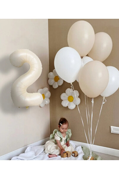 Çemrek Süs Parti Krem bej 2 yaş folyo balon seti papatya balonlu 2 yaş süslem...