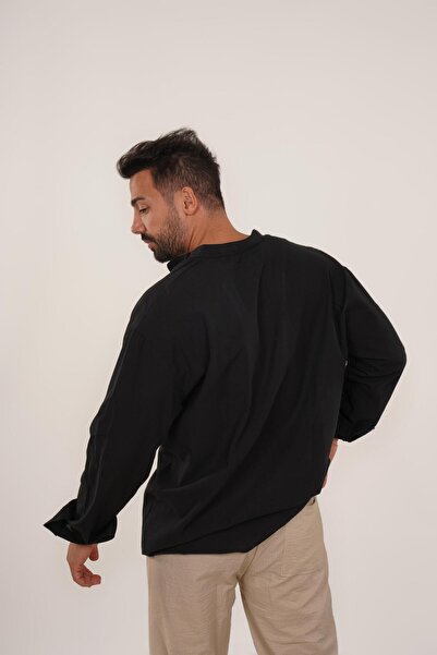 SCSARVİN Linen Shirt - Black, High Collar, TB Model