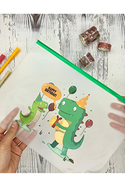 Kağıt Gemi Dükkan Şeffaf Tek Bölmeli Yeşil Dinazor Desenli A4 Fermuarlı Dosya Klasörü / Belge Dosyası/Düzenleyici Klas