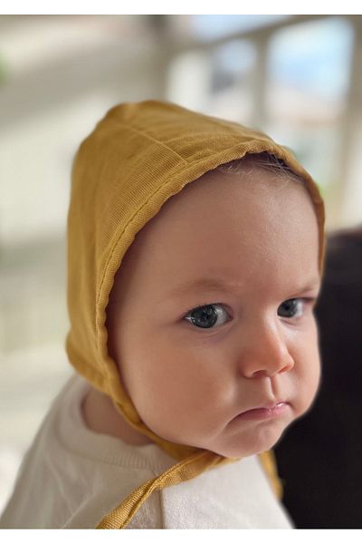 runbaby 3-9 Months Mustard Single Layer Muslin Baby Bonnet Hat - Double Sided