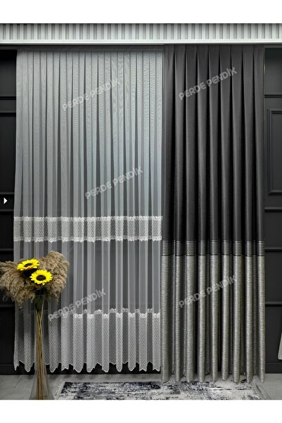 Perde Pendik Fon Perde Pano Ekose Şeritli Gri Antrasit Gümüş Açık Gri Sık Pile ( Tek Kanat )