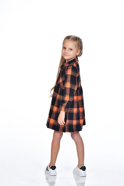 Kamex Orange Black Plaid Square Patterned Girl's Long Sleeve Dress