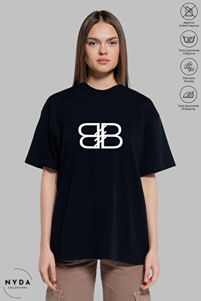 Nyda Collections okrugla kragna B Slovo Štampano Pamuk Unisex Oversize kroj M...