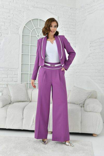 nodilife Crop Ceket Salaş Pantolonlu Takım Elbise Lila