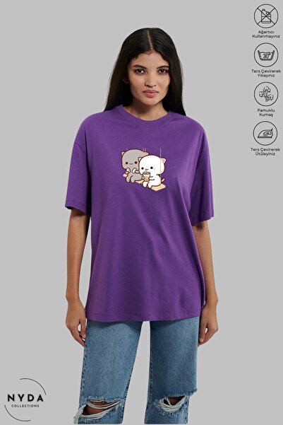 Nyda Collections Tricou oversize unisex din bumbac - decolteu, imprimeu leagă...