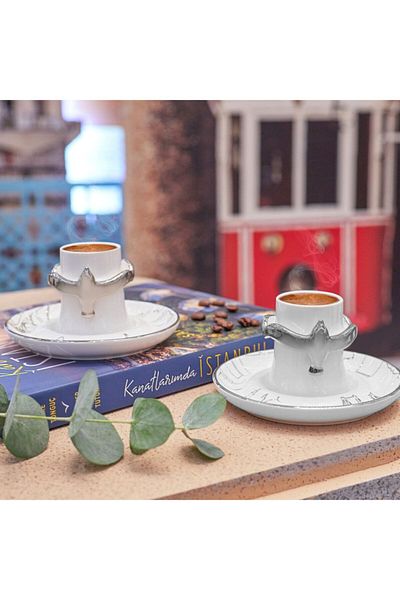 Karaca Saffet Emre Tonguç Istanbul on My Wings Set of 2 Coffee Cups with Book Gift Silver 60 ml