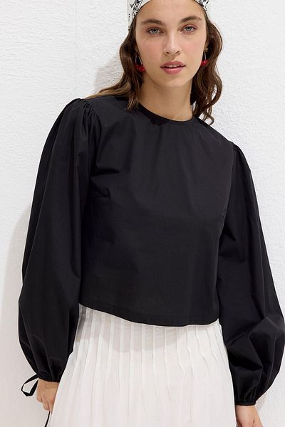 Manuka Popeline-Bluse – Schwarz mit Bindedetail