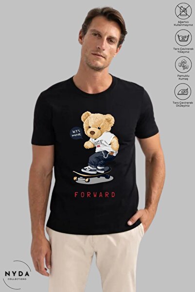 Nyda Collections Tricou cu mânecă scurtă unisex cu ursuleț de pluș imprimat d...