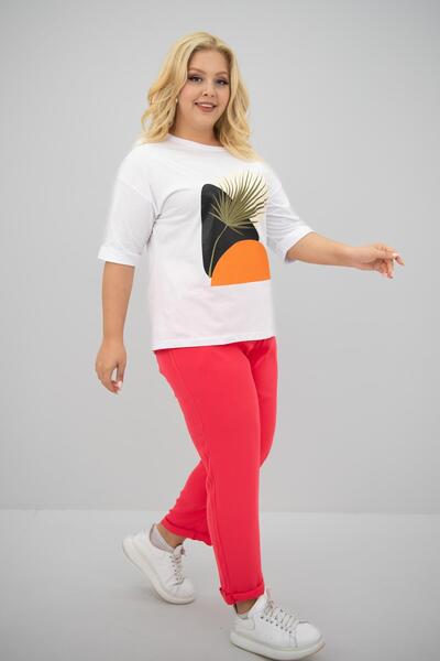 Koza Butik Large Size Women's T-shirt Set - Print Detailed 8105-24