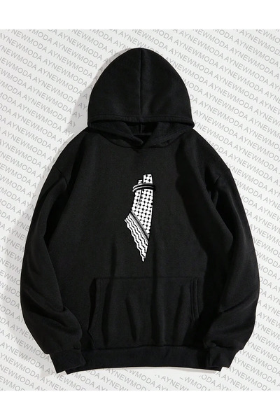 aynewmoda سويت شيرت بغطاء للرأس برقبة دائرية مطبوع عليه خريطة فلسطين الفلسطينية