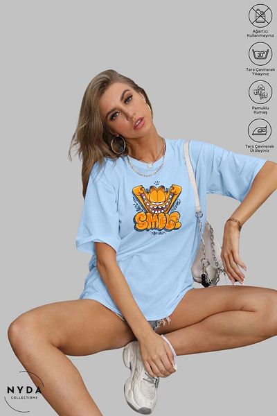 Nyda Collections Унисекс памучна тениска с щампа на усмивката на Гарфийлд - кръгло деколте, къс ръкав