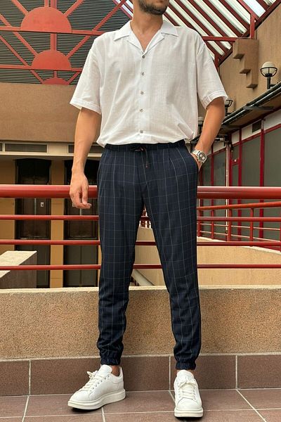 inpool Men's Plaid Patterned Flexible Jogger Pants - Waist Lace-up, Pleat Detailed 24INP199K